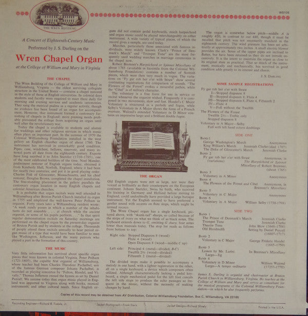 A Concert Of Eighteenth-Century Music Performed By J. S. Darling On The Wren Chapel Organ At The College Of William And Mary In Virginia | Near Mint (NM) Very Good Plus (VG+) Get Vinyls